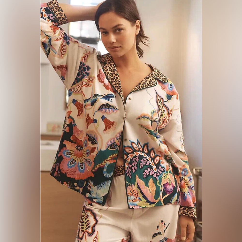 Anthropologie Multicolor/Leopard Floral Flannel Pajama TOP
